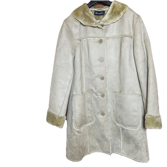 Vintage DENIM & CO Coat Faux Suede Fur Shawl Collar Pockets Button Women M Beige - Picture 1 of 11
